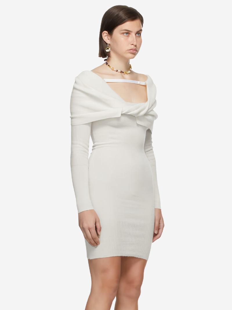 Vestido Bodycon Branco Feminino Dobrável Mangas Compridas Minivestidos Lápis Na Frente Torcida - Branco