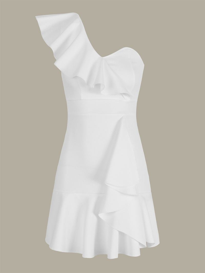 Vestido Bodycon Feminino Com Babados Um Ombro Festival Vibe Coachella Minivestidos - Branco