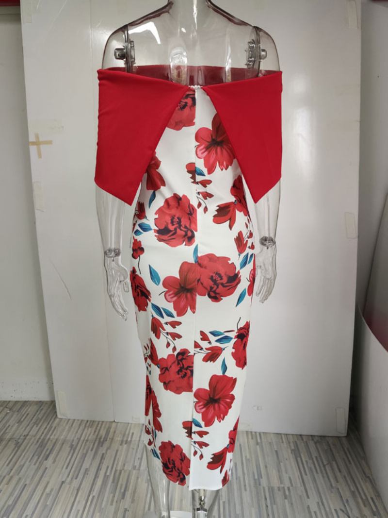 Vestido Bodycon Feminino Estampa Floral Vermelho Bateau Pescoço Zíper Em Camadas Sexy Manga Curta Vestidos Lápis Envoltórios - Vermelho