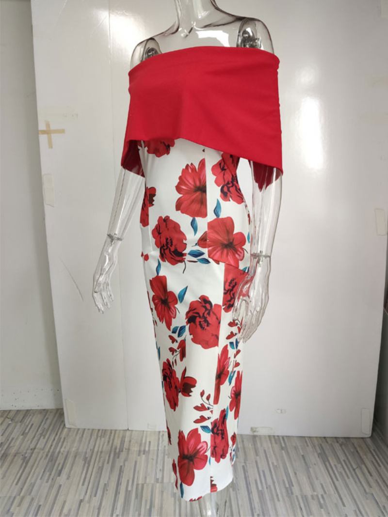 Vestido Bodycon Feminino Estampa Floral Vermelho Bateau Pescoço Zíper Em Camadas Sexy Manga Curta Vestidos Lápis Envoltórios - Vermelho