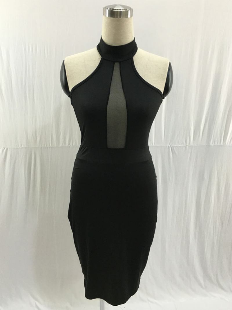 Vestido Bodycon Feminino Preto Frente Única Plissado Atado Casual Sem Mangas Midi Lápis Envoltório Vestidos - Preto