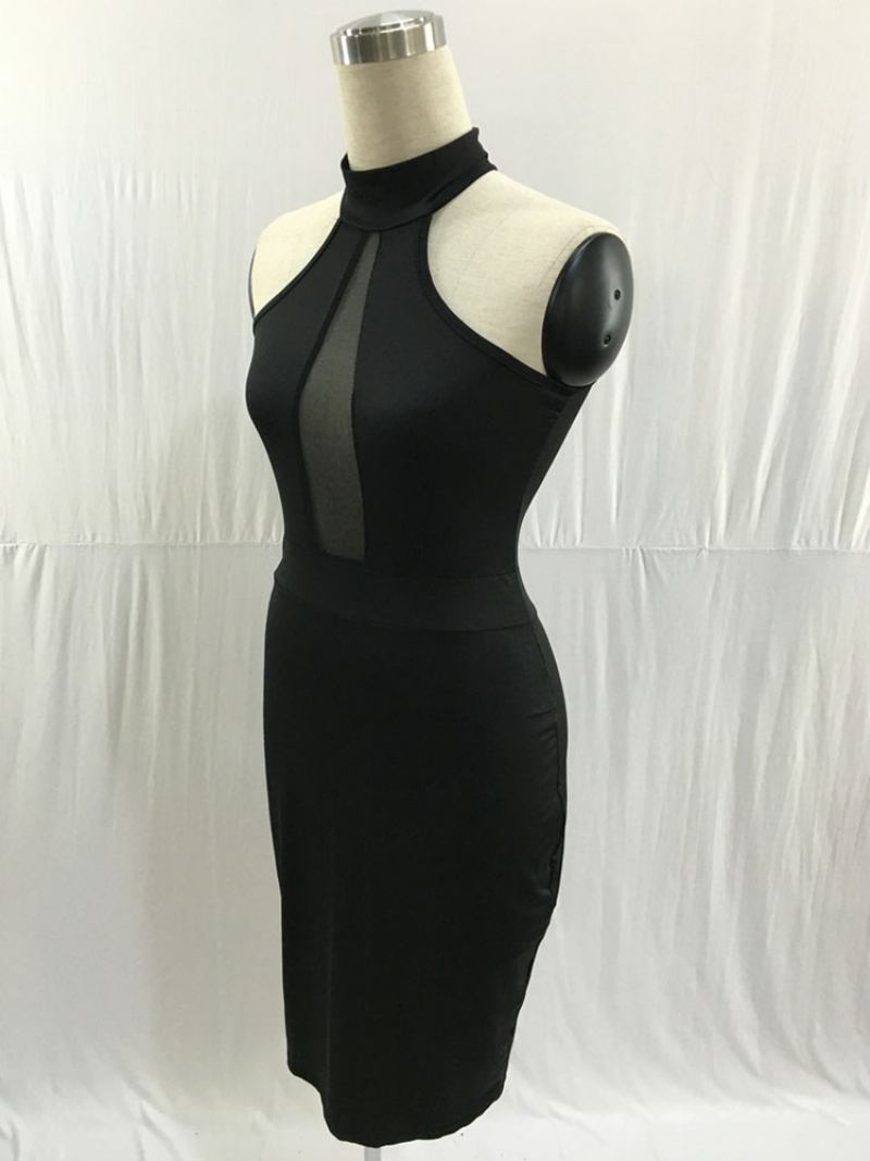 Vestido Bodycon Feminino Preto Frente Única Plissado Atado Casual Sem Mangas Midi Lápis Envoltório Vestidos - Preto