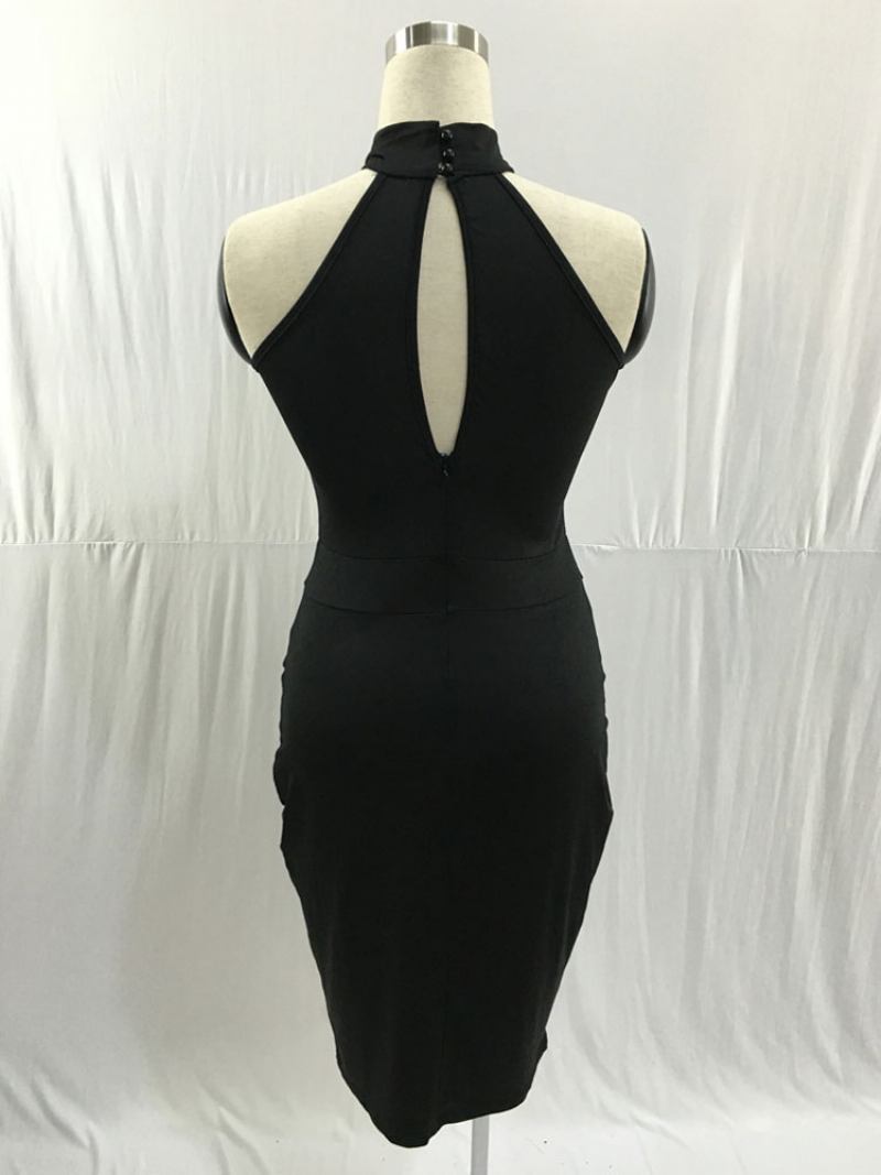 Vestido Bodycon Feminino Preto Frente Única Plissado Atado Casual Sem Mangas Midi Lápis Envoltório Vestidos - Preto