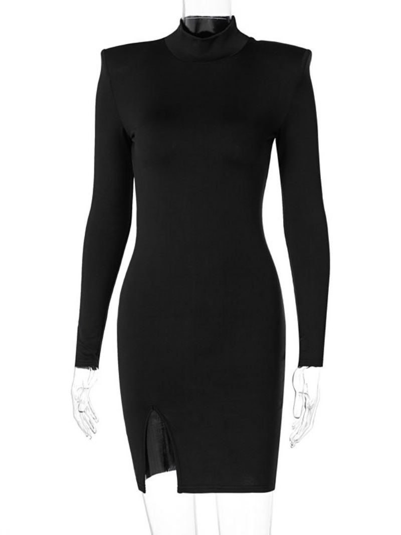 Vestido Bodycon Feminino Preto Mangas Compridas Frente Dividida Sexy Gola Alta Em Camadas Vestidos Envoltórios Bainha - Preto