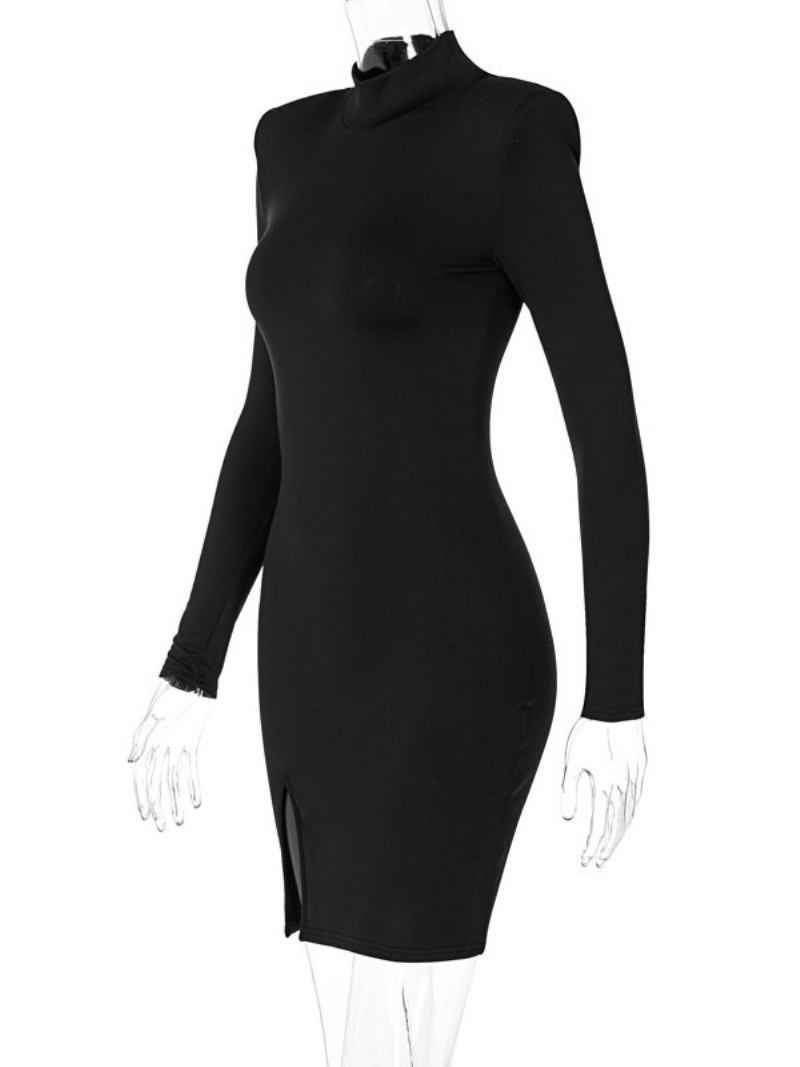 Vestido Bodycon Feminino Preto Mangas Compridas Frente Dividida Sexy Gola Alta Em Camadas Vestidos Envoltórios Bainha - Preto