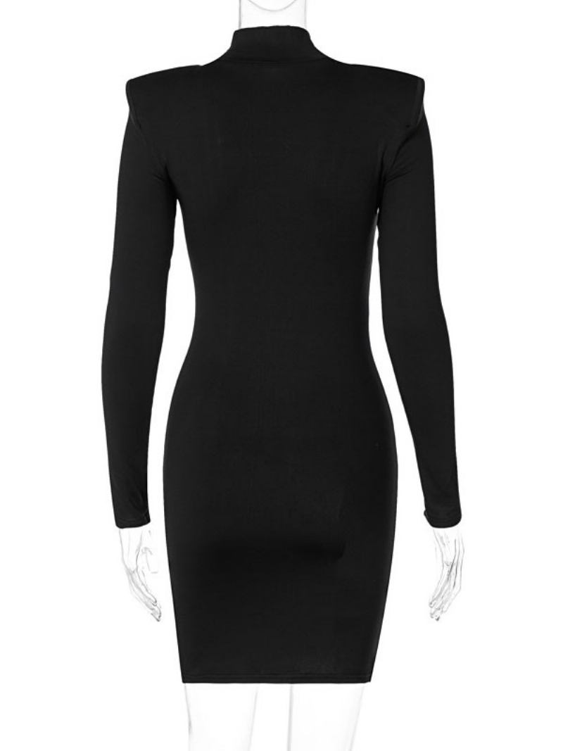 Vestido Bodycon Feminino Preto Mangas Compridas Frente Dividida Sexy Gola Alta Em Camadas Vestidos Envoltórios Bainha - Preto