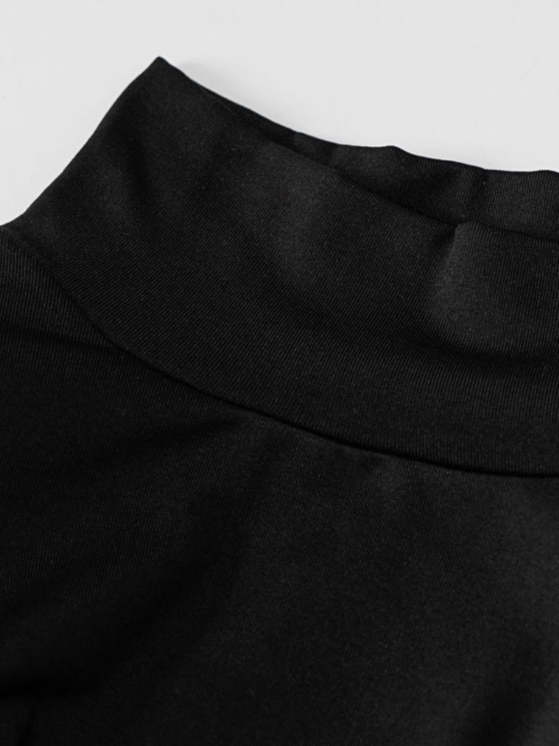 Vestido Bodycon Feminino Preto Mangas Compridas Frente Dividida Sexy Gola Alta Em Camadas Vestidos Envoltórios Bainha - Preto