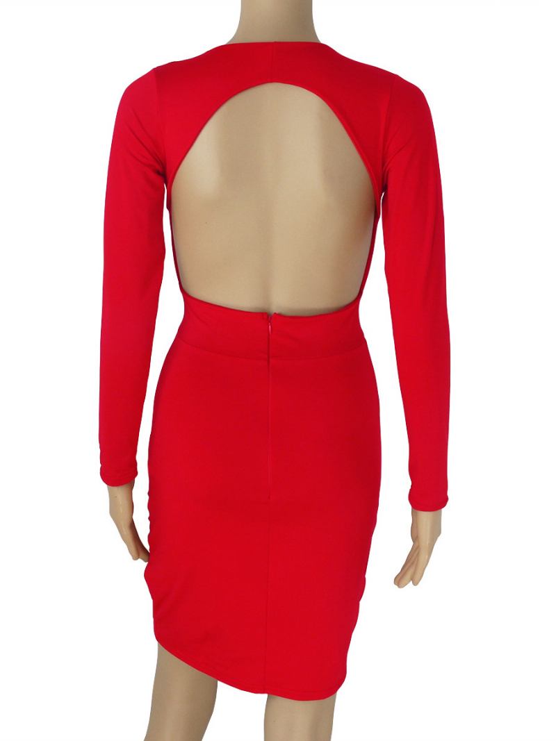 Vestido Bodycon Vermelho Aniversário Decote Profundo Manga Comprida Corte Costas Nuas Feminino Sexy Mini Vestidos Envoltórios - Ture Vermelho