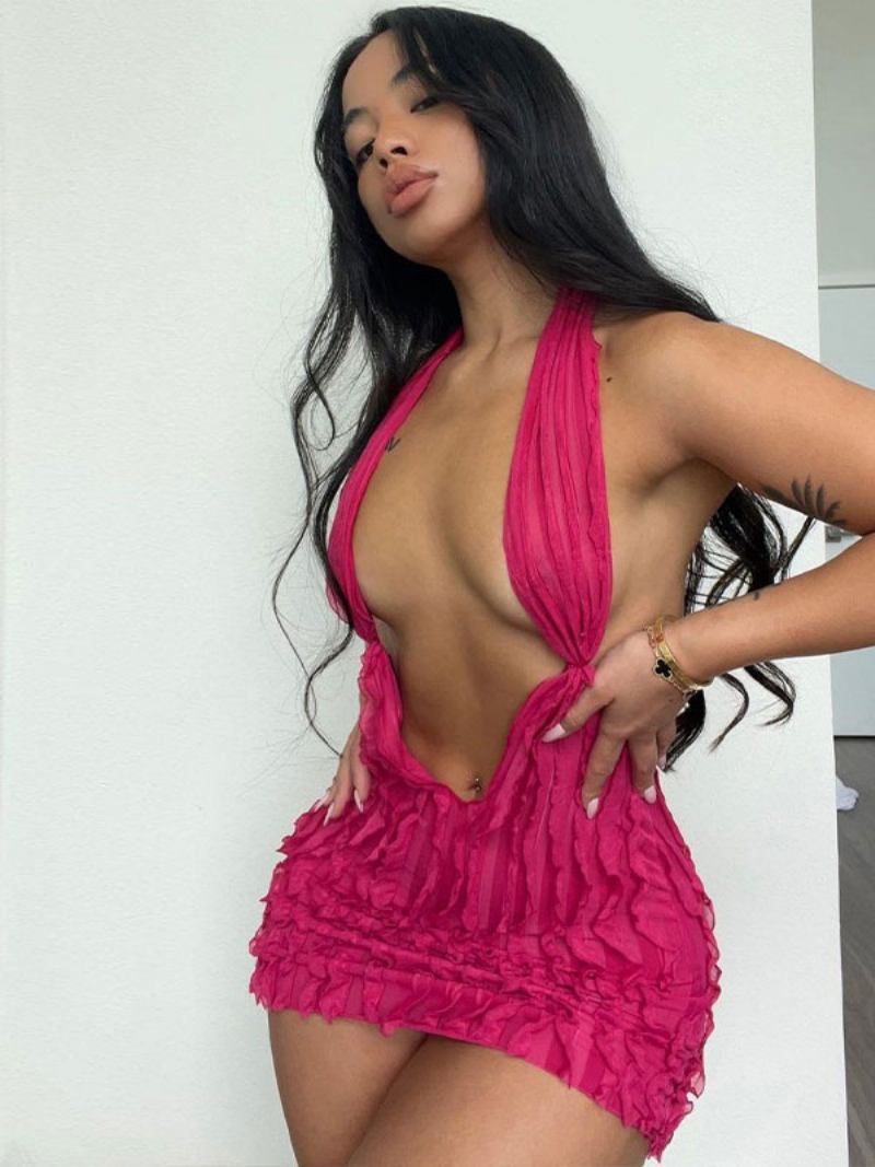 Vestido Clube Para Mulheres Rosa Com Decote Em V Sem Mangas Sexy Minivestido - Rosa