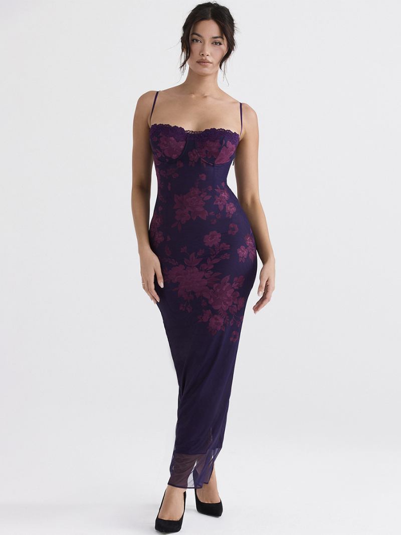 Vestido Espartilho Feminino Com Estampa Floral Alças Finas Sexy Bodycon Vestidos Maxi - Roxo