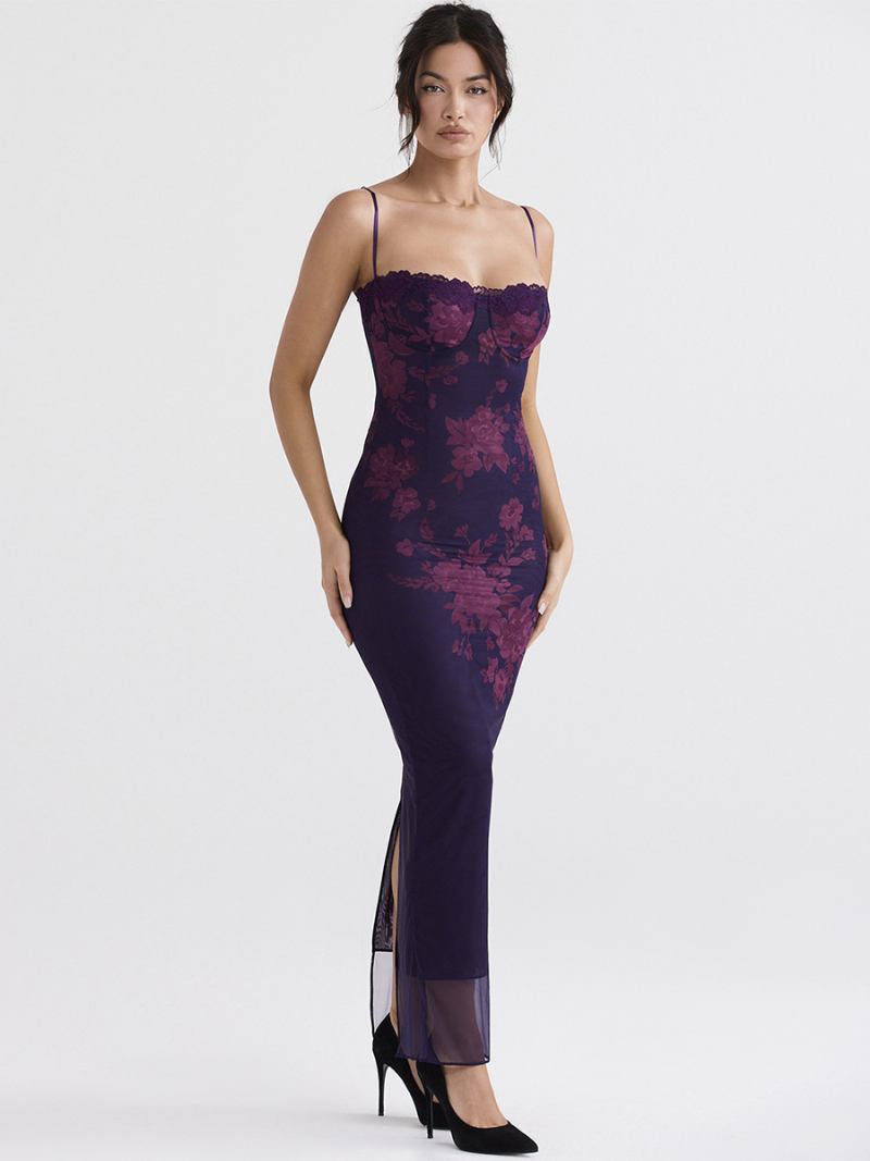 Vestido Espartilho Feminino Com Estampa Floral Alças Finas Sexy Bodycon Vestidos Maxi - Roxo