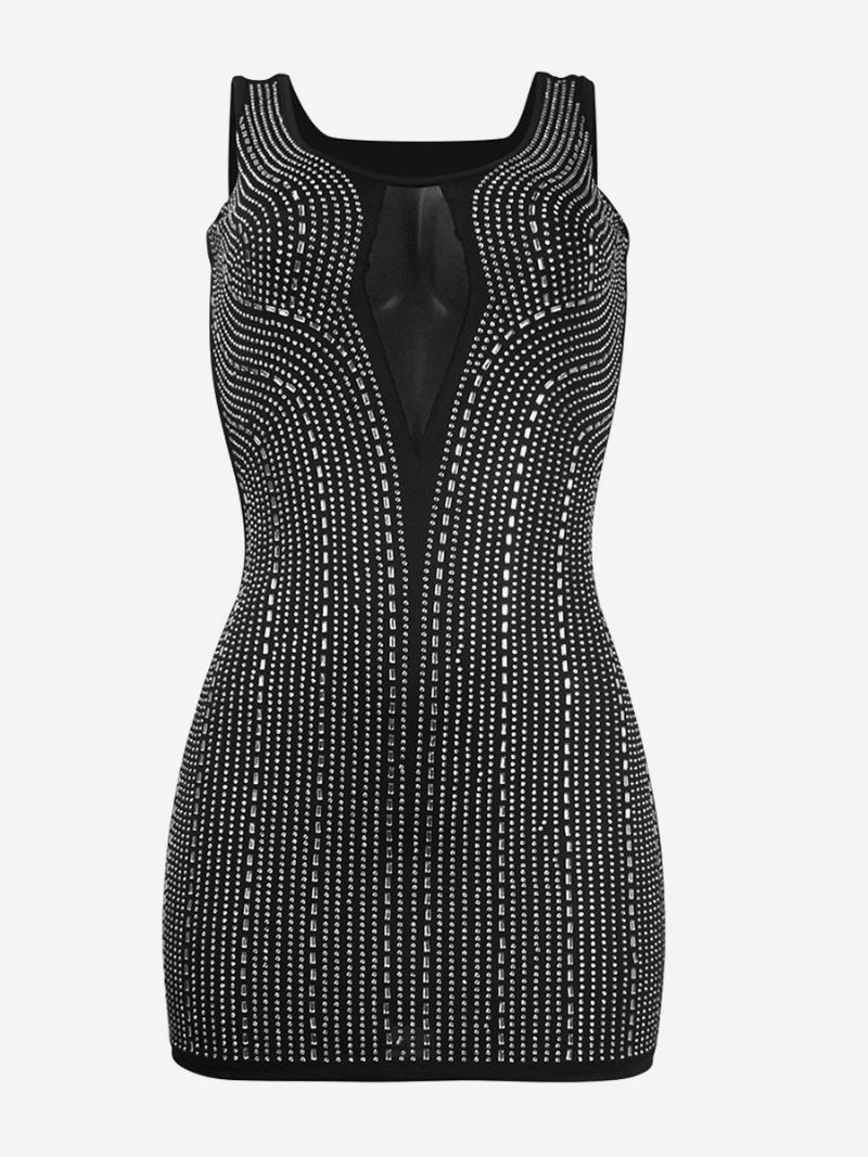 Vestido Feminino Com Strass Culb Decote Redondo Sem Mangas Vestidos Tule Sexy - Preto