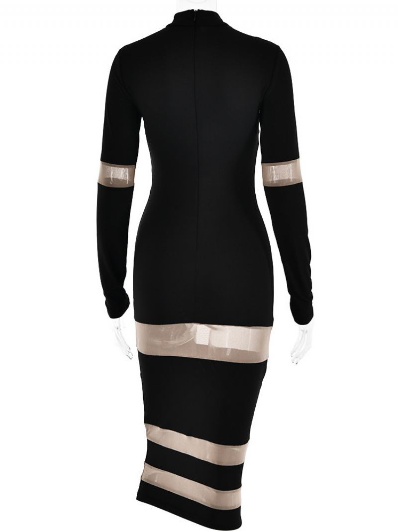 Vestido Feminino Patchwork Malha Com Mangas Compridas Transparentes Para Festa Bodycon - Preto