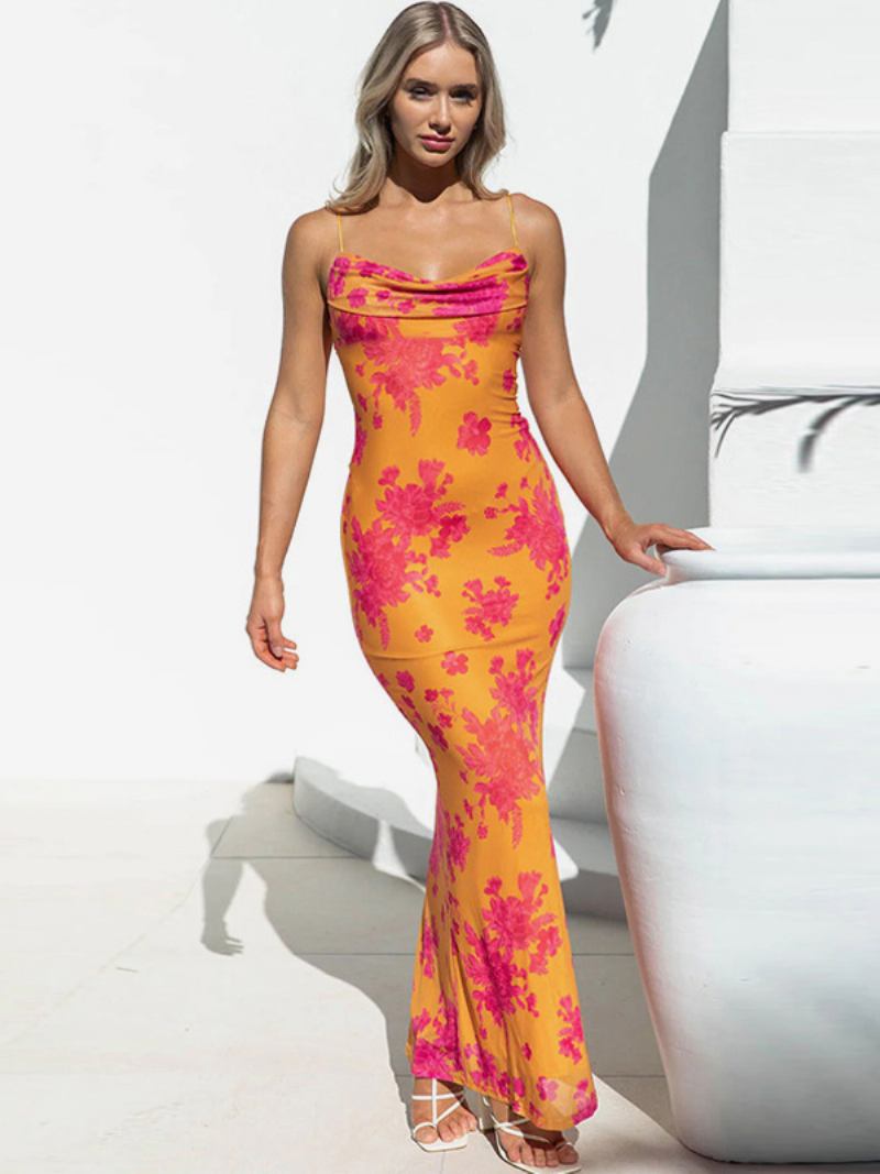 Vestido Floral Feminino Maxi Vestidos Estampa Sem Mangas Alças Pescoço Elegante Costas Cintas Espaguete Renda Costura Aberta Verão - Laranja