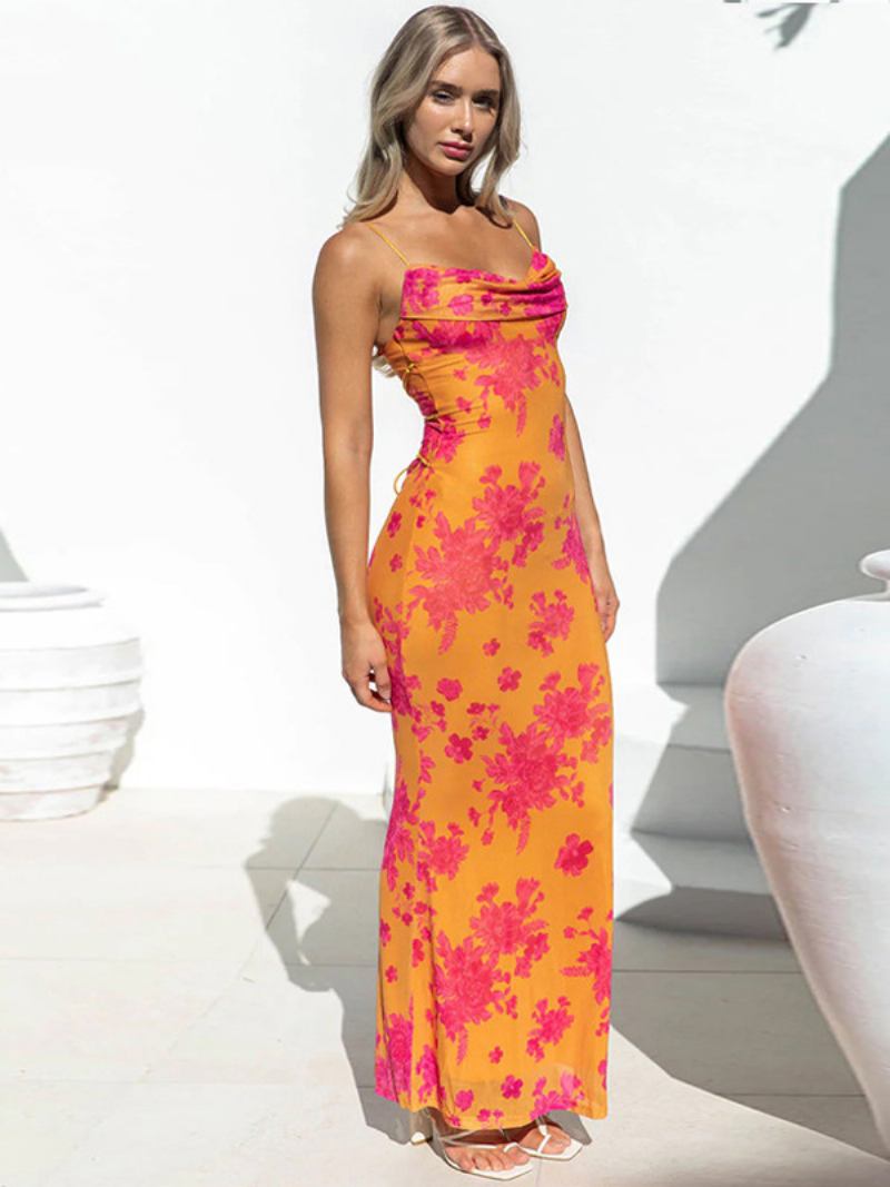 Vestido Floral Feminino Maxi Vestidos Estampa Sem Mangas Alças Pescoço Elegante Costas Cintas Espaguete Renda Costura Aberta Verão - Laranja