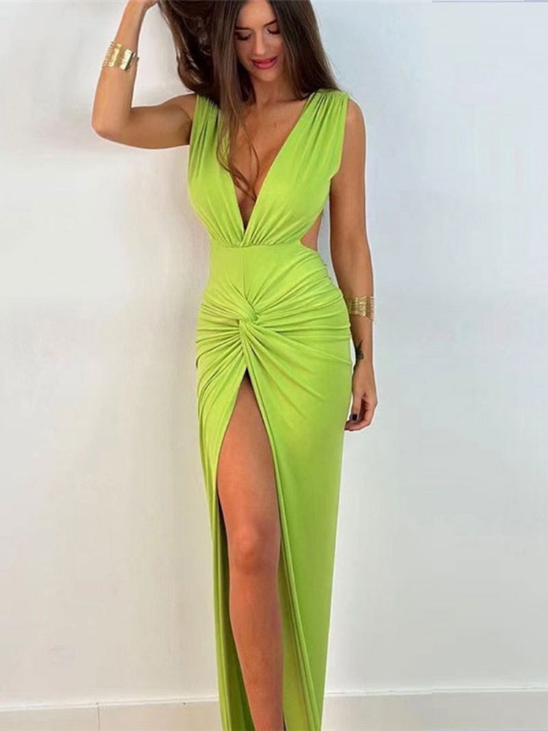 Vestido Maxi Feminino Com Decote Em V Sem Mangas Sexy Fenda Alta Plissado Até O Chão - Verde