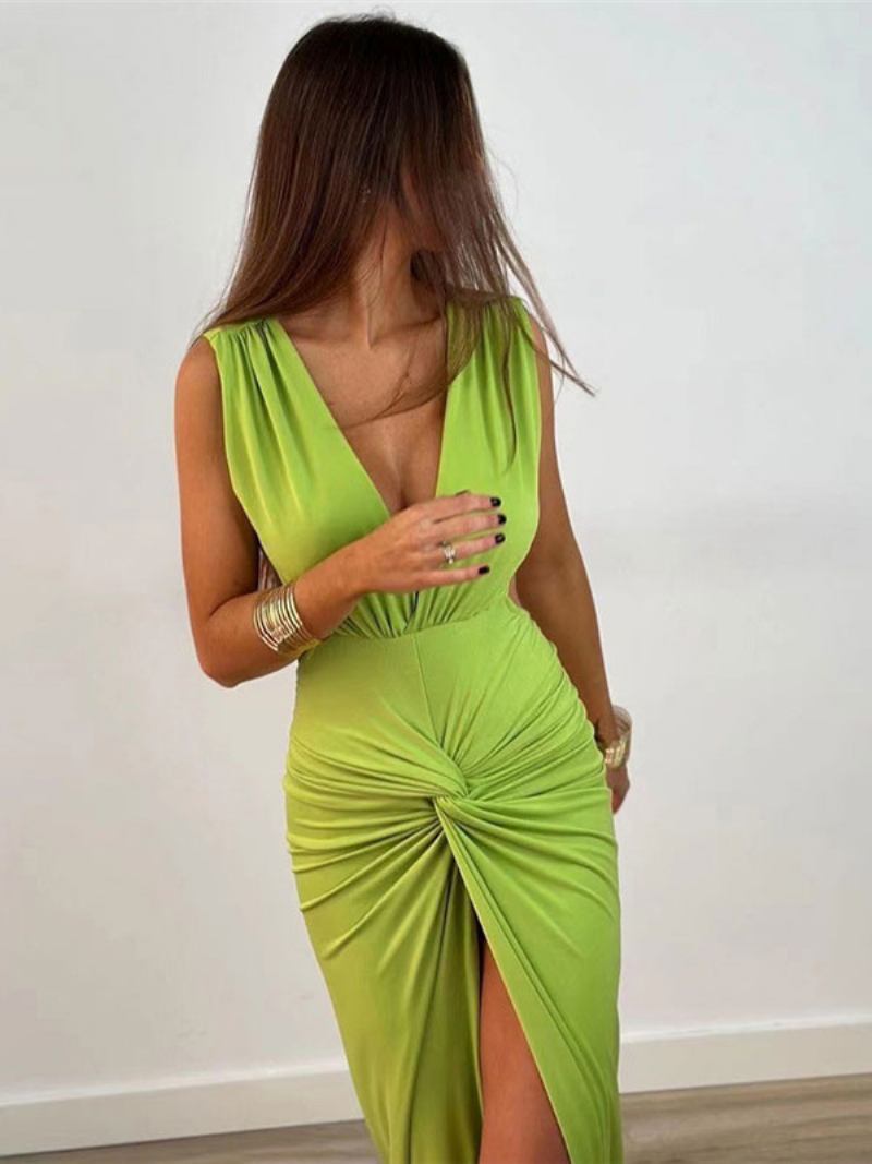 Vestido Maxi Feminino Com Decote Em V Sem Mangas Sexy Fenda Alta Plissado Até O Chão - Verde