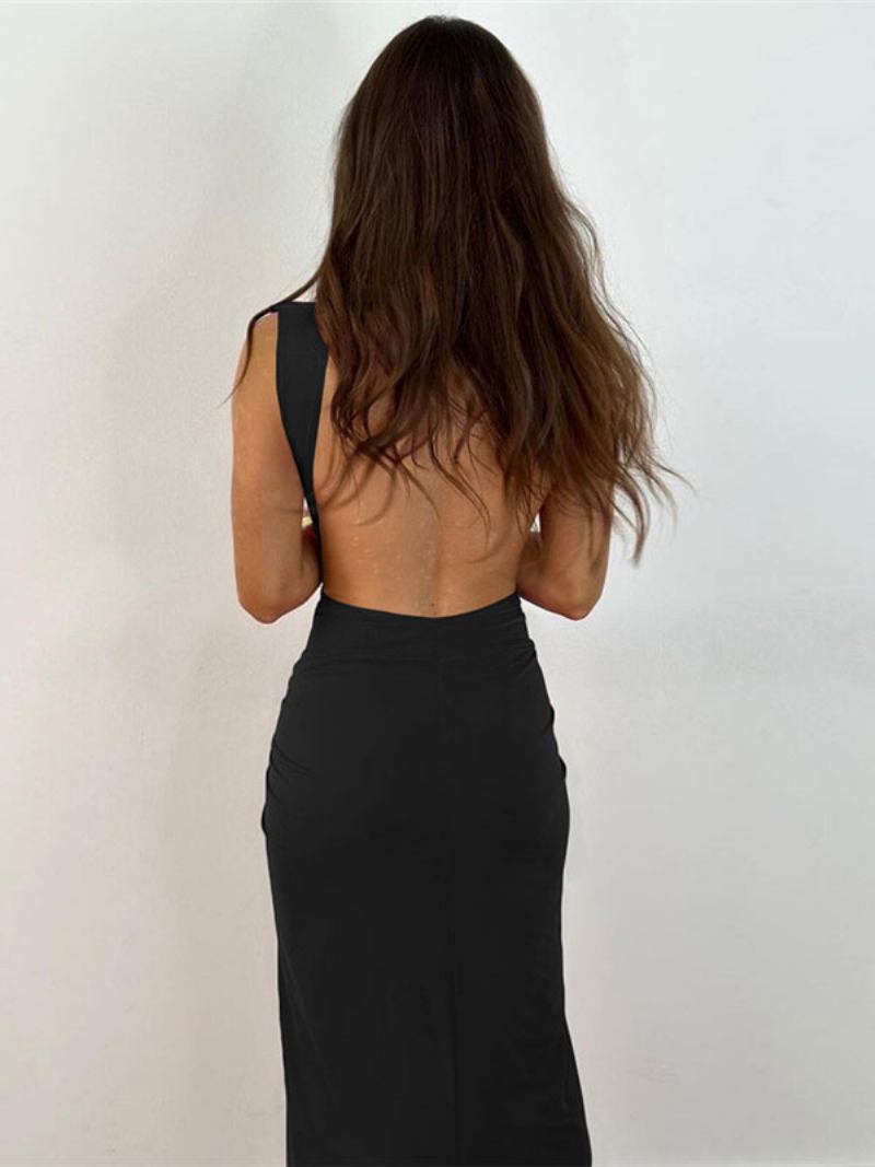 Vestido Maxi Feminino Com Decote Em V Sem Mangas Sexy Fenda Alta Plissado Até O Chão - Preto