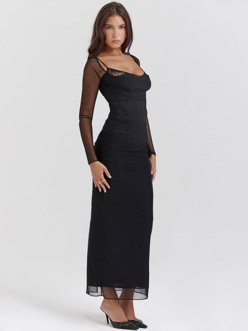 Vestido Maxi Feminino Preto Com Sobreposição Tule Decote Em Coração Vestidos Bodycon Baile - Preto