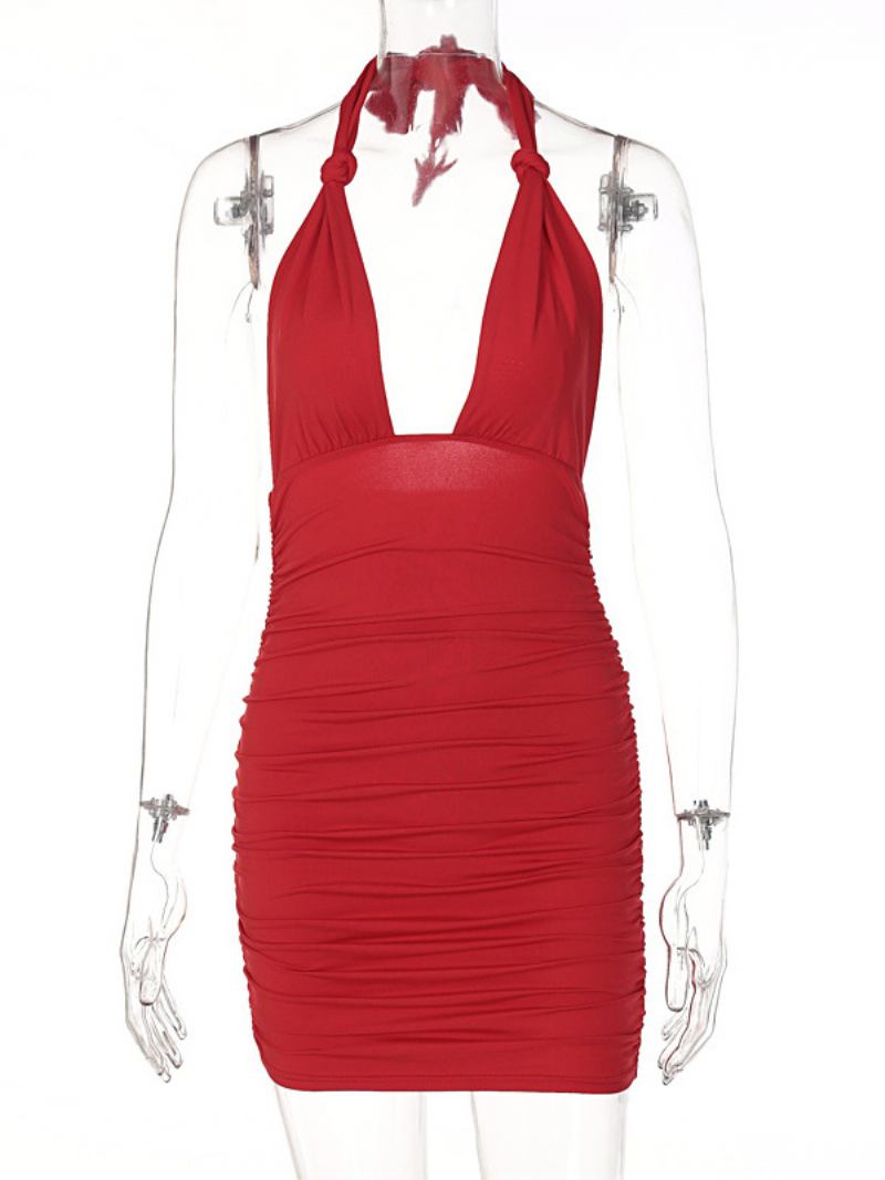 Vestidos Bodycon Aniversário Feminino Com Alças Vermelhas No Pescoço Sexy Vestido Lápis Sem Mangas - Vermelho