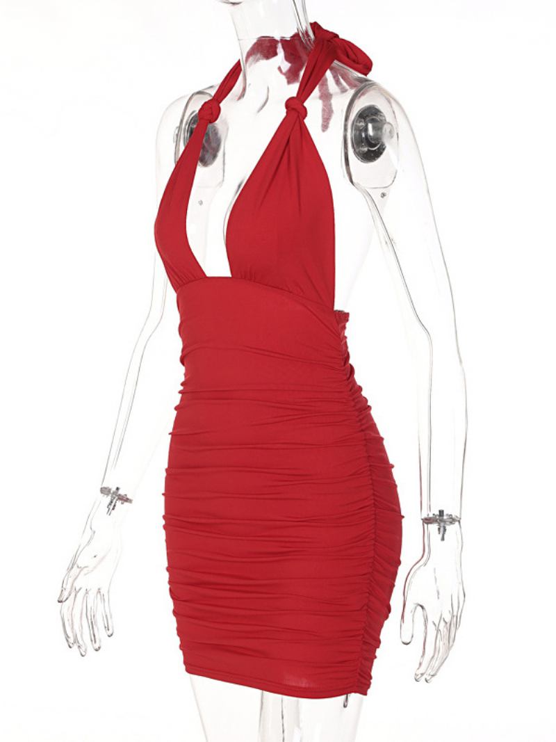 Vestidos Bodycon Aniversário Feminino Com Alças Vermelhas No Pescoço Sexy Vestido Lápis Sem Mangas - Vermelho