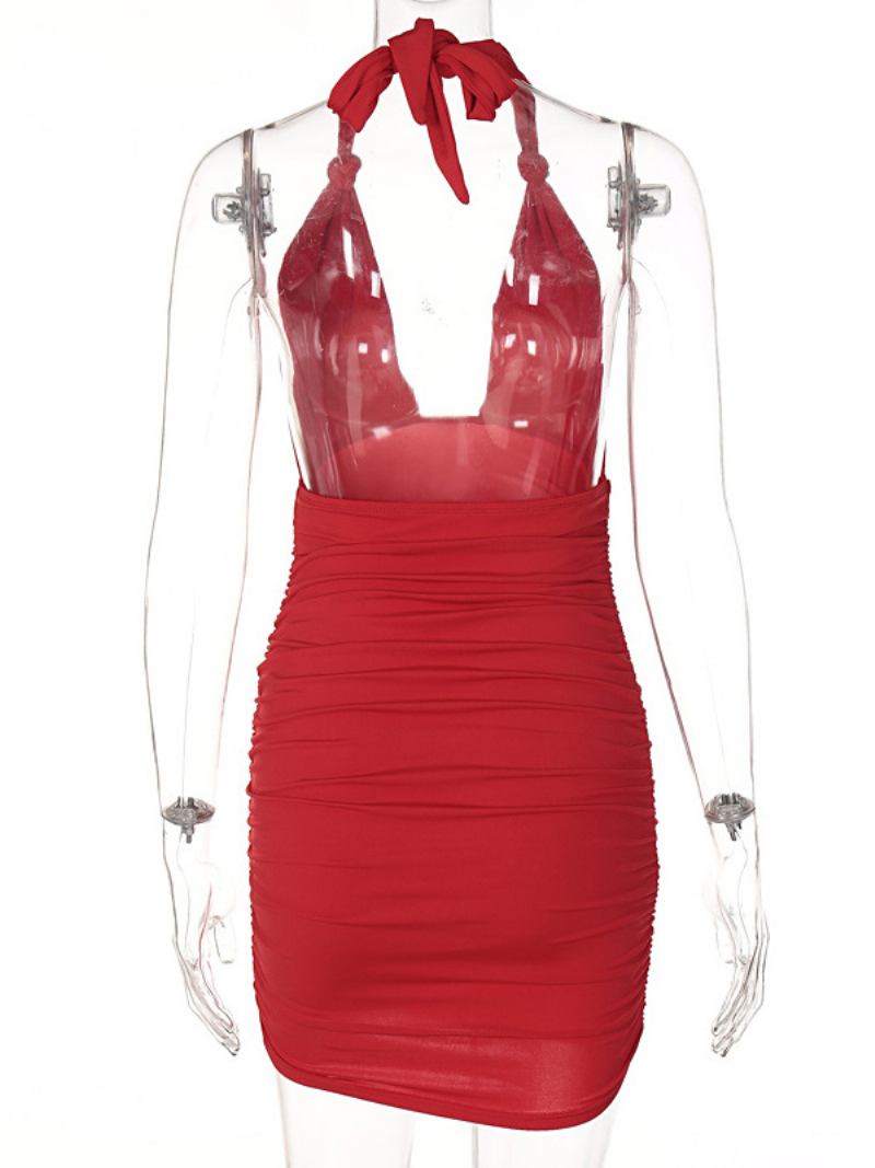 Vestidos Bodycon Aniversário Feminino Com Alças Vermelhas No Pescoço Sexy Vestido Lápis Sem Mangas - Vermelho