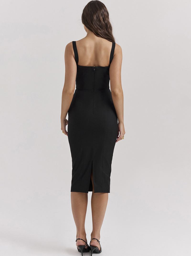 Vestidos Bodycon Femininos Alças Pretas Pescoço Chique Vestido Lápis Sem Mangas - Preto