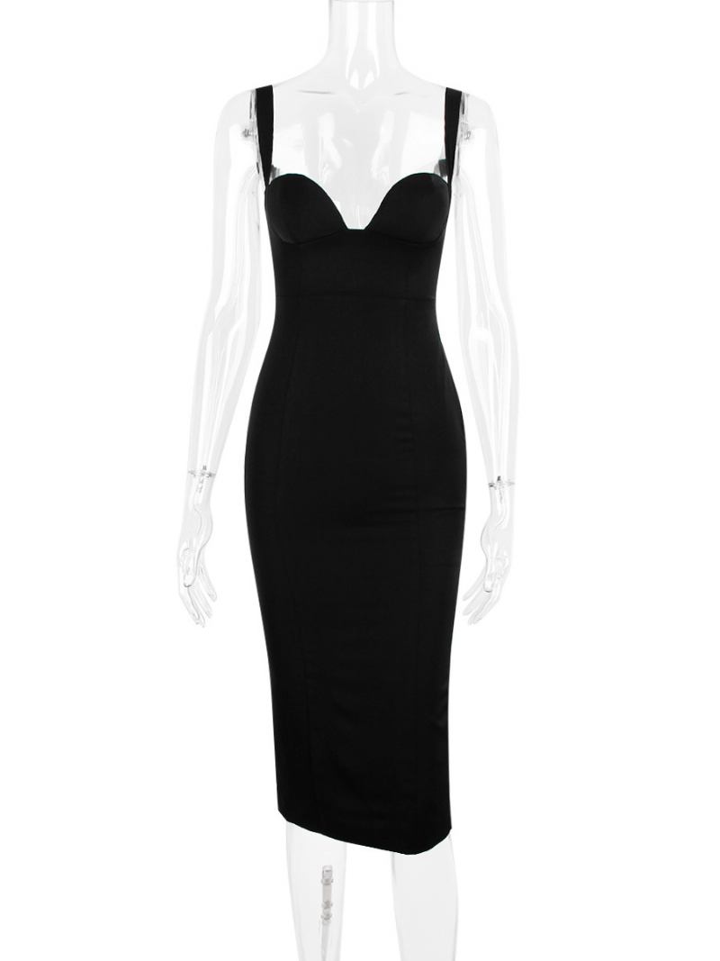 Vestidos Bodycon Femininos Alças Pretas Pescoço Chique Vestido Lápis Sem Mangas - Preto