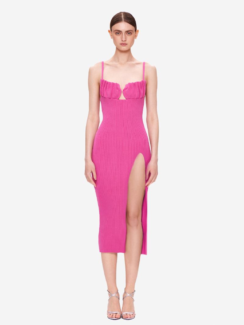 Vestidos Bodycon Femininos Alças Rosa Pescoço Sem Costas Chique Vestido Lápis Mangas