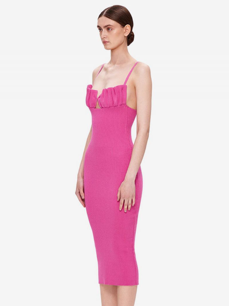 Vestidos Bodycon Femininos Alças Rosa Pescoço Sem Costas Chique Vestido Lápis Mangas - Rosa