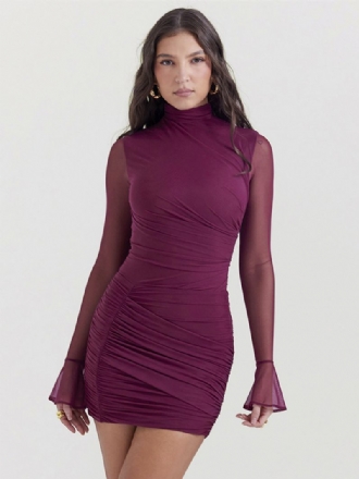 Vestidos Bodycon Femininos Borgonha Mangas Compridas Plissadas Casual Gola Alta Vestido Bainha