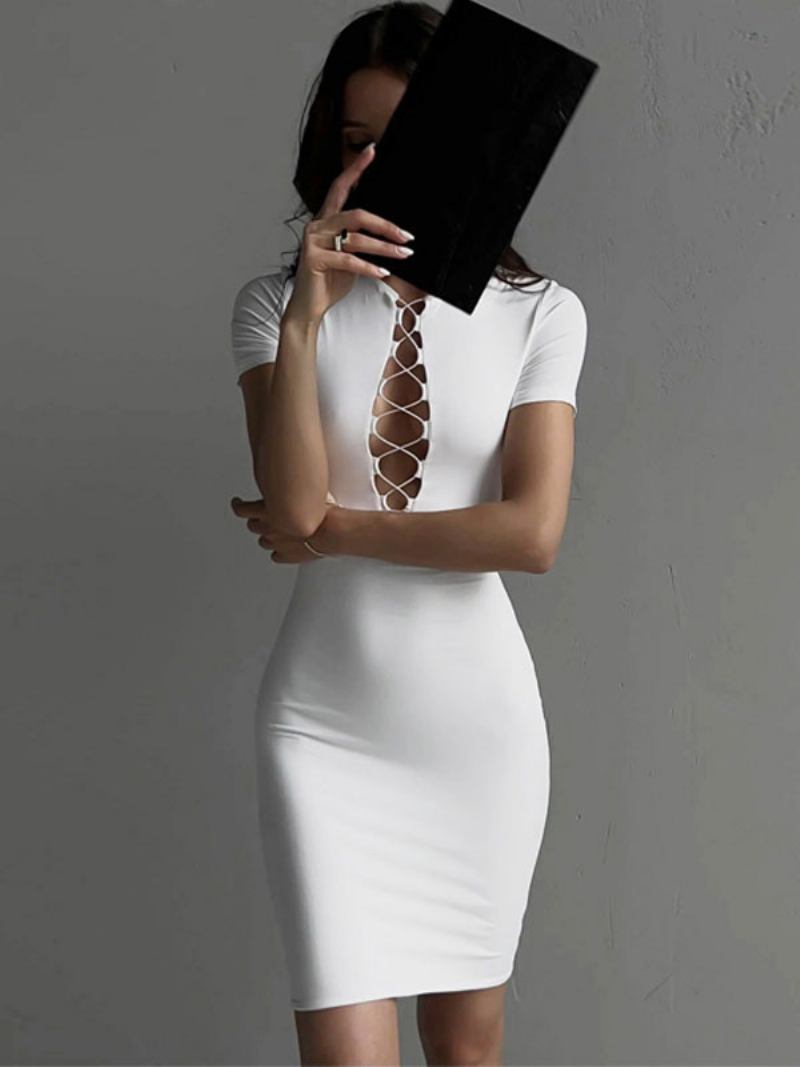 Vestidos Bodycon Femininos Branco Jóia Pescoço Rendas Até Sexy Manga Curta Vestido Lápis