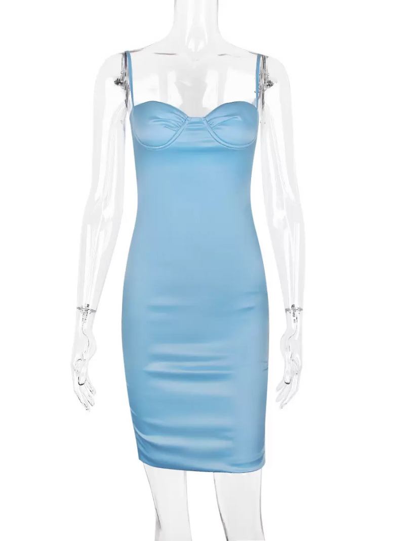 Vestidos Bodycon Femininos Céu Claro Azul Alças Pescoço Plissado Fenda Baixa Sexy Vestido Lápis Sem Mangas - Azul Céu Claro