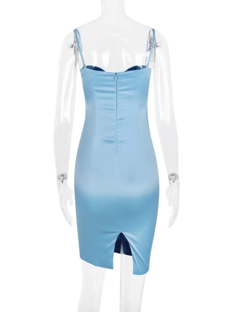 Vestidos Bodycon Femininos Céu Claro Azul Alças Pescoço Plissado Fenda Baixa Sexy Vestido Lápis Sem Mangas - Azul Céu Claro