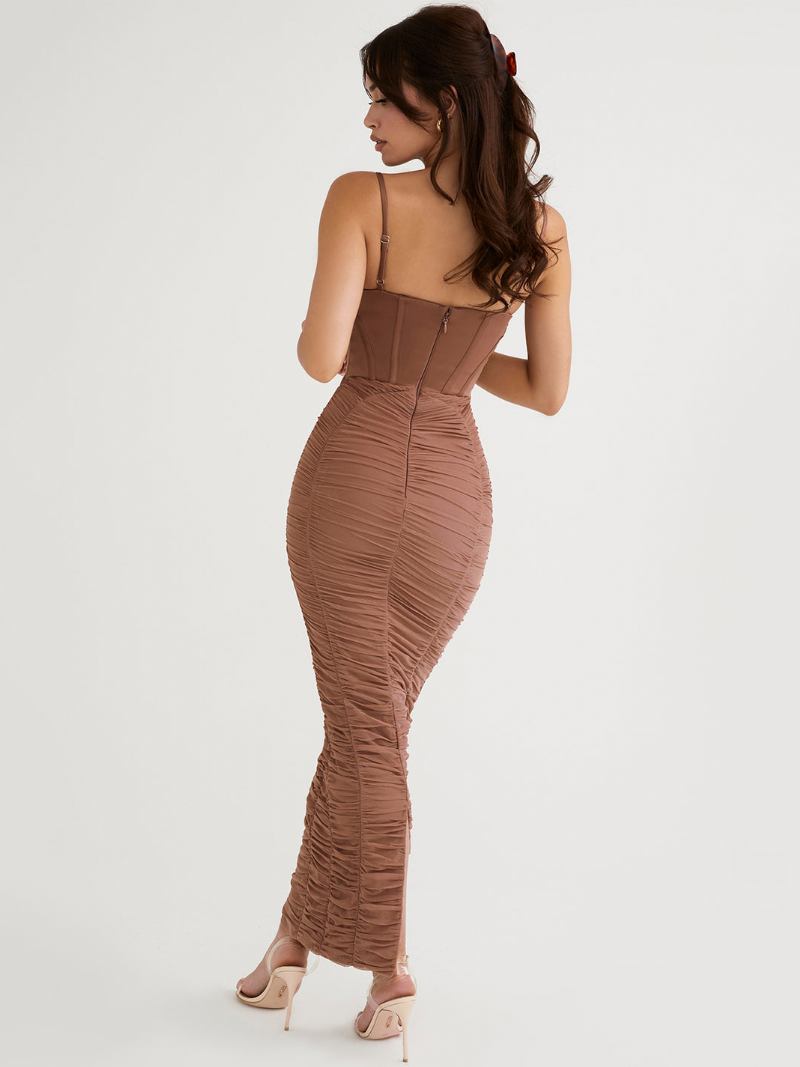 Vestidos Bodycon Femininos Com Alças No Pescoço Elástico Casual Sem Mangas Vestido Maxi Baile - Castanho Café