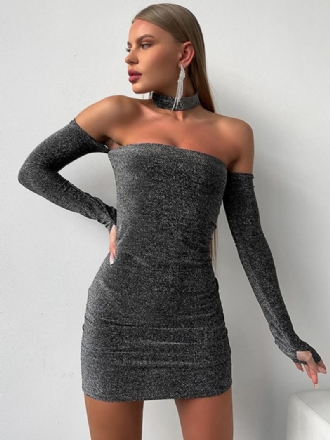 Vestidos Bodycon Femininos Com Glitter Mangas Compridas Ombro Frio Festa Aniversário Mini