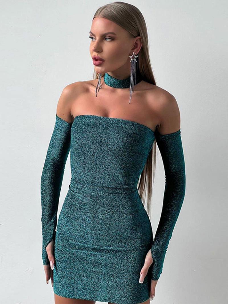 Vestidos Bodycon Femininos Com Glitter Mangas Compridas Ombro Frio Festa Aniversário Mini - Verde