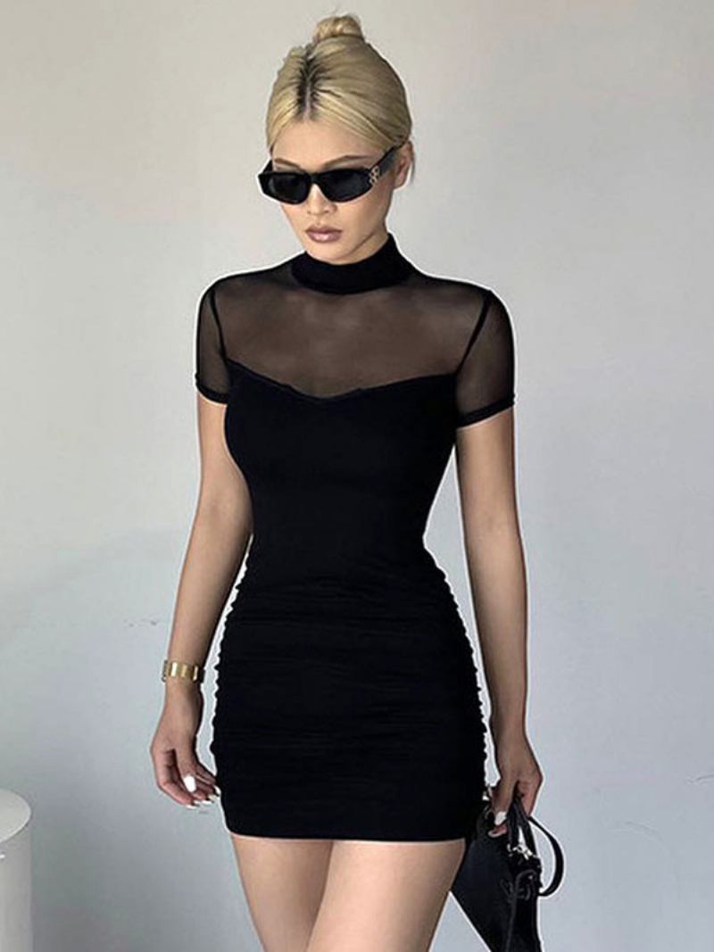 Vestidos Bodycon Femininos Preto Manga Curta Sexy Gola Alta Vestido Bainha Transparente