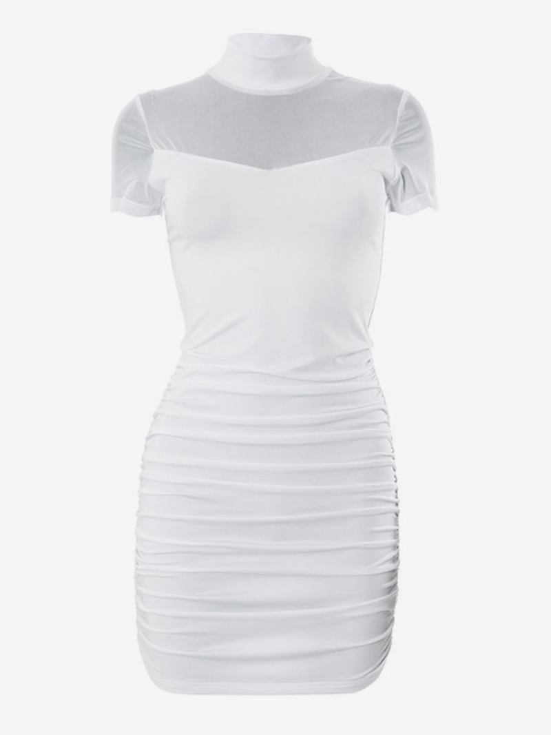 Vestidos Bodycon Femininos Preto Manga Curta Sexy Gola Alta Vestido Bainha Transparente - Branco