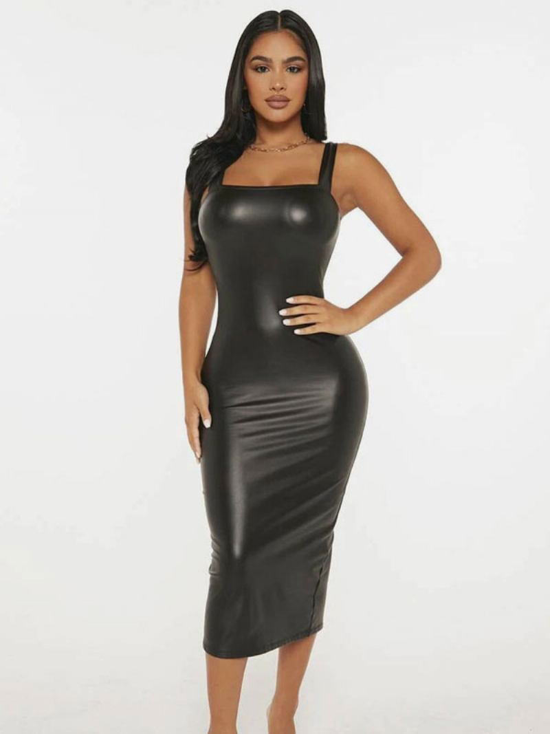 Vestidos Bodycon Femininos Preto Sem Mangas Com Frente Dividida Sexy Decote Quadrado Vestido Midi Fenda Baixa - Preto