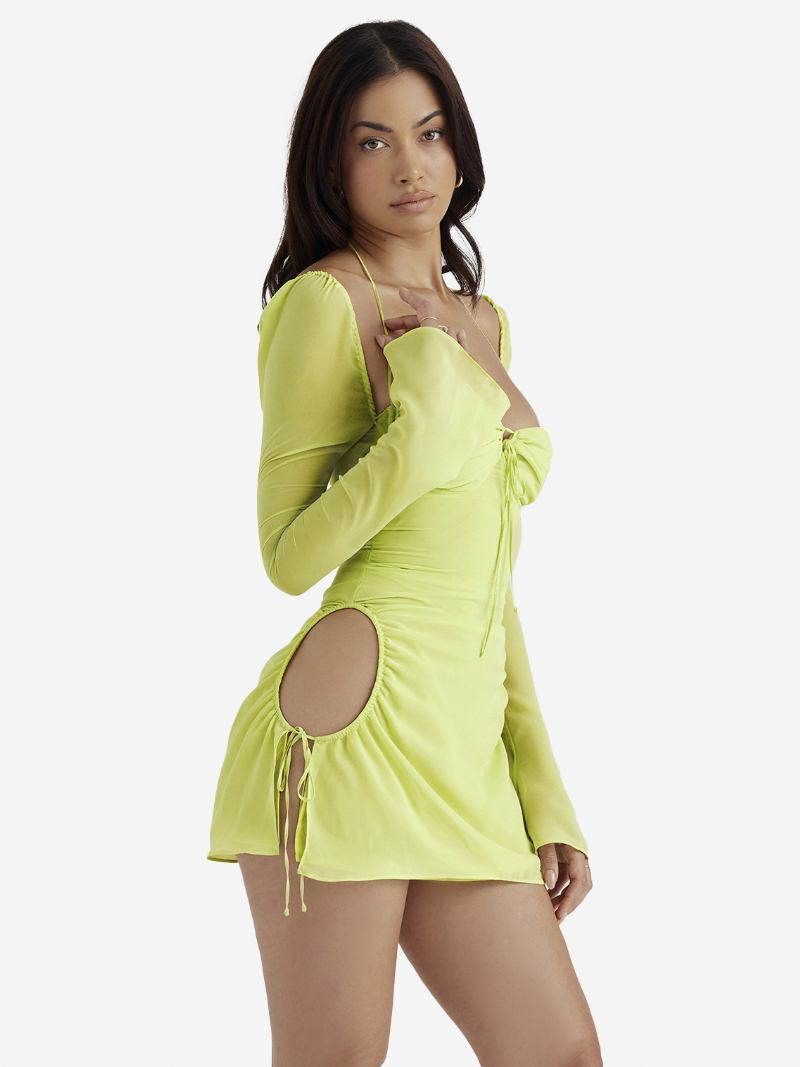 Vestidos Bodycon Femininos Sem Costas Halter Plissado Frontal Sexy Mini Lápis - Verde