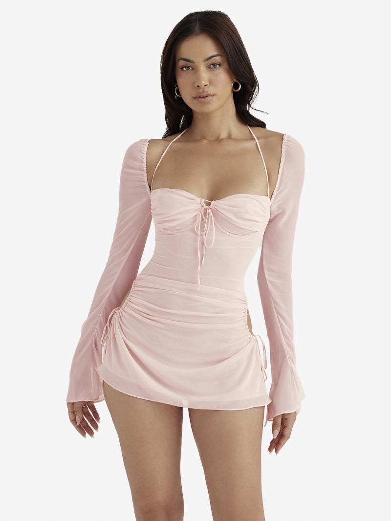 Vestidos Bodycon Femininos Sem Costas Halter Plissado Frontal Sexy Mini Lápis - Rosa Claro