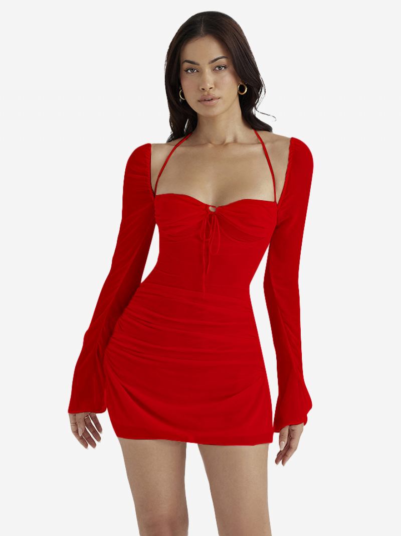 Vestidos Bodycon Femininos Sem Costas Halter Plissado Frontal Sexy Mini Lápis - Vermelho