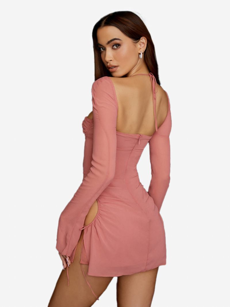 Vestidos Bodycon Femininos Sem Costas Halter Plissado Frontal Sexy Mini Lápis - Rosa