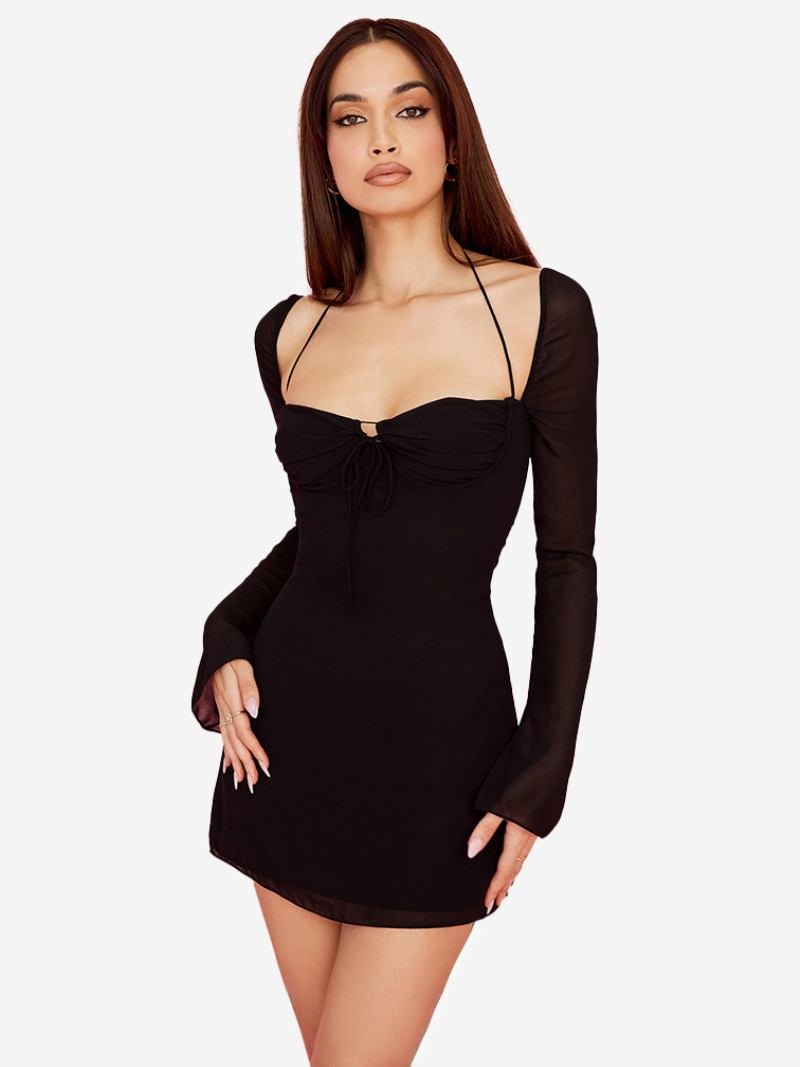 Vestidos Bodycon Femininos Sem Costas Halter Plissado Frontal Sexy Mini Lápis - Preto