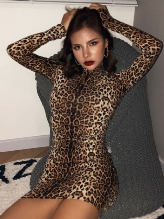 Vestidos Bodycon Femininos Sexy Com Estampa Leopardo Gola Alta Mangas Compridas Minivestido