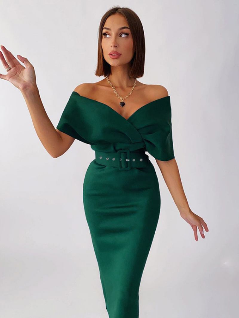 Vestidos Bodycon Femininos Verde Escuro Mangas Curtas Com Zíper Sexy Decote Em V Camadas Vestido Slim Fit Bainha - Verde Escuro