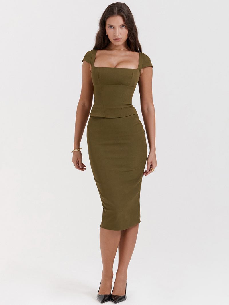 Vestidos Bodycon Femininos Verde-oliva Com Decote Quadrado E Fenda Baixa Chique Vestido Lápis Manga Curta