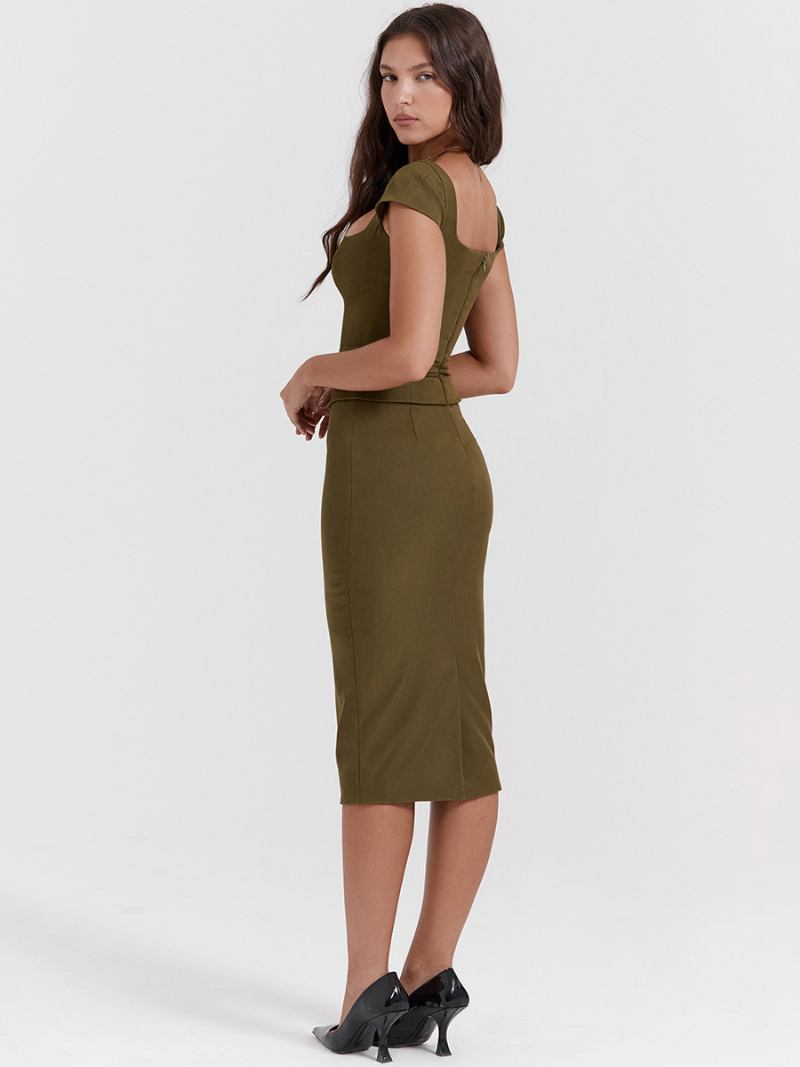 Vestidos Bodycon Femininos Verde-oliva Com Decote Quadrado E Fenda Baixa Chique Vestido Lápis Manga Curta - Oliva