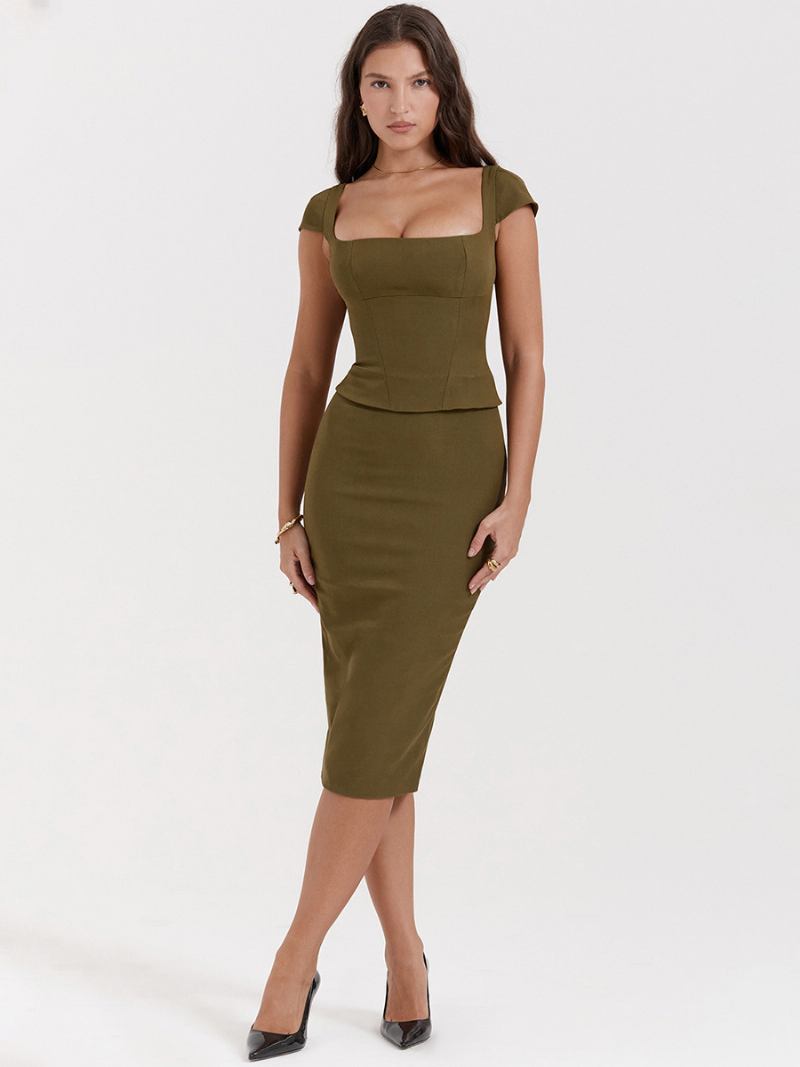 Vestidos Bodycon Femininos Verde-oliva Com Decote Quadrado E Fenda Baixa Chique Vestido Lápis Manga Curta - Oliva